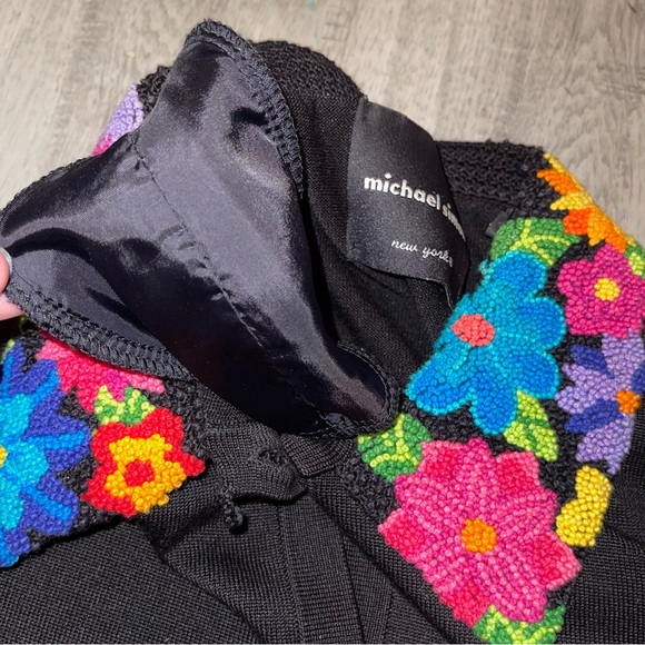 Vtg Michael Simon Black Embroidered 3/4 Sleeve Floral Collared Cardigan Medium - Picture 10 of 15